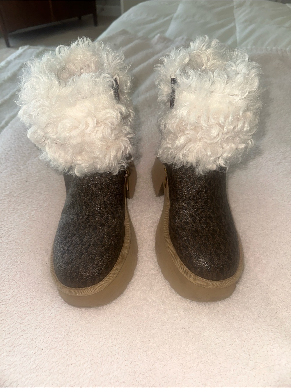 Michael Kors Brown Monogram Ankle Boots with Cream Shearling Cuff